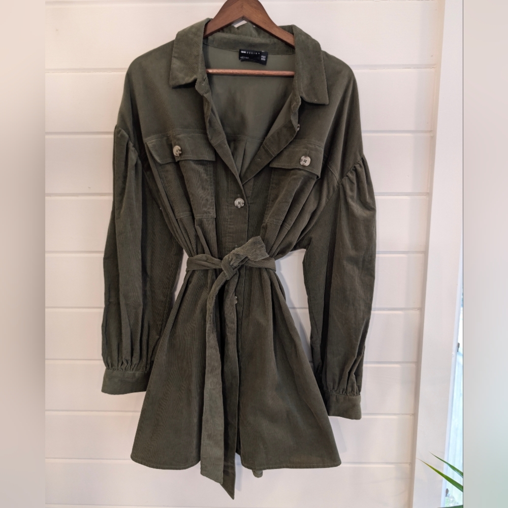 ASOS long sleeve dress size 14 green corduroy Tie Waist Belt